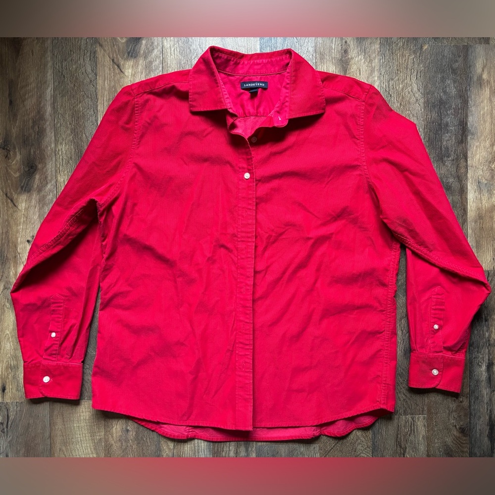 Lands’ End Boys Red Casual Holiday Corduroy Button Down Shirt large 14/16